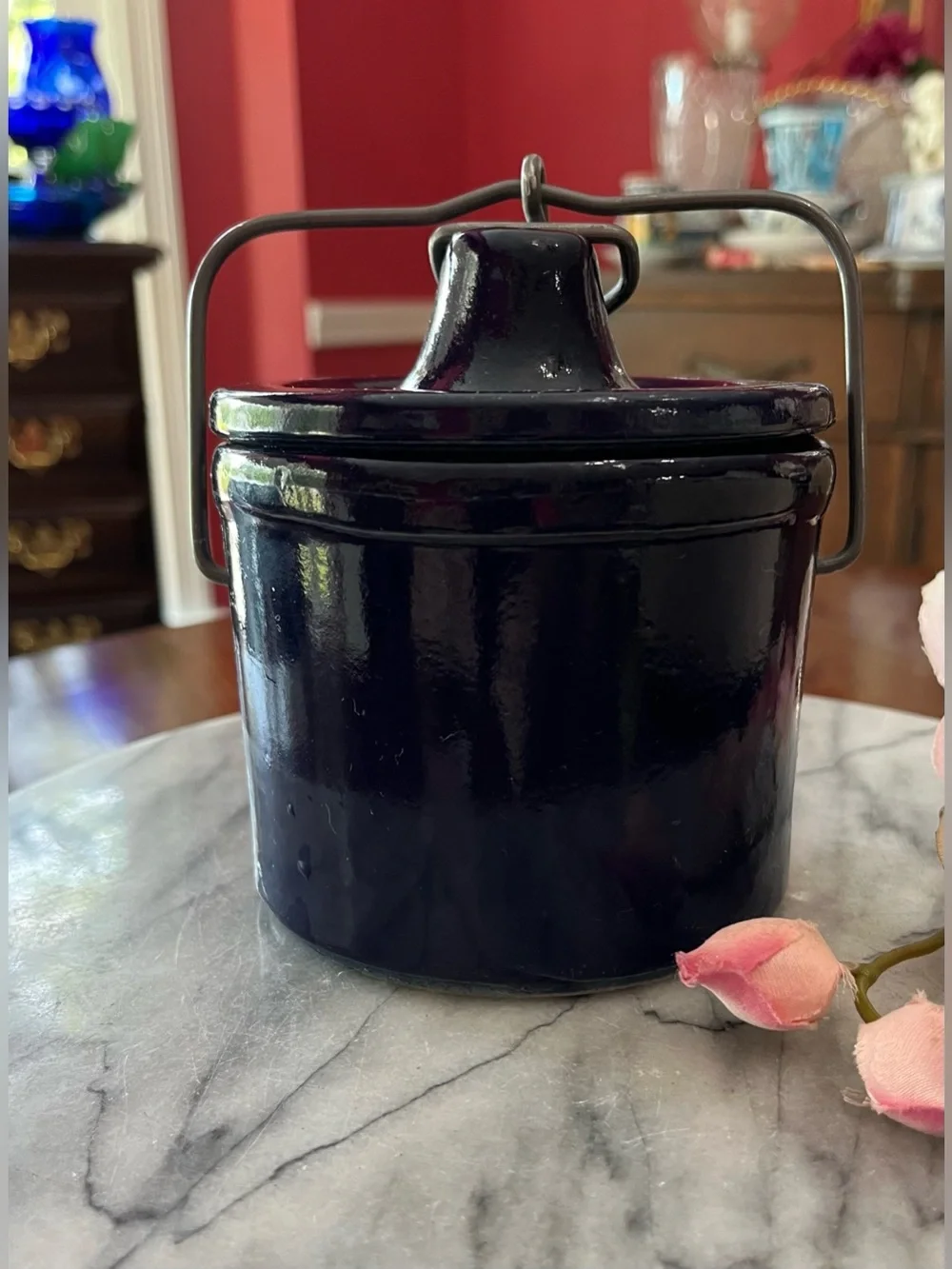 VTG Cobalt Blue Stoneware Cheese Crock w Wire Bail Lid, 1lb Med. Sz. Farmhouse